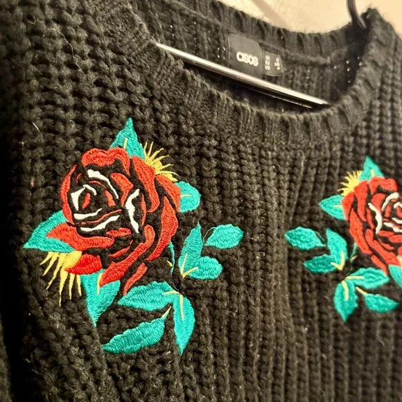 🌹 ASOS Rose Embroidered Oversized Chunky Knit Sweater | Size S - Picture 4 of 5